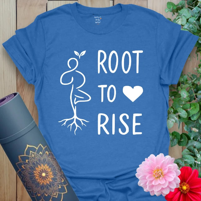 Soft cotton unisex yoga t-shirt featuring rooted yogi silhouette and "Root To ♥ Rise" motivational message for soulful growth and mindful living.