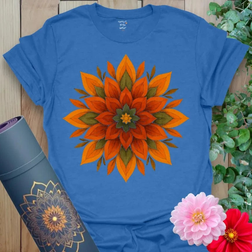 Soft cotton unisex yoga t-shirt featuring bold mandala-inspired floral burst design symbolizing inner fire, soulful growth, and mindful transformation.