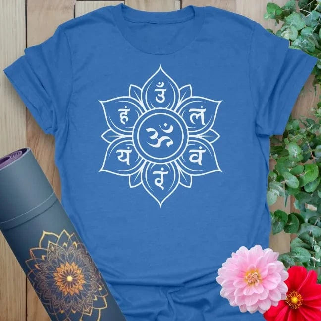 Soft cotton unisex yoga t-shirt featuring intricate lotus design with sacred Sanskrit symbols and Om mantra for soulful spiritual living.