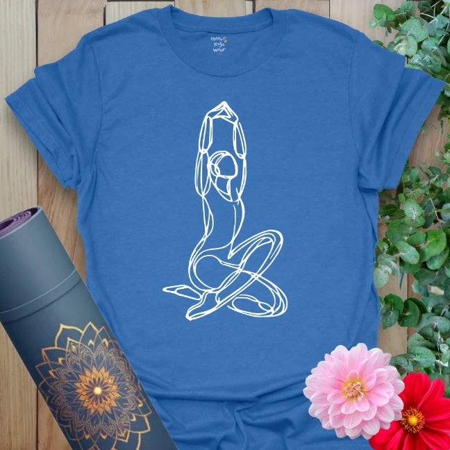 Soft cotton unisex yoga t-shirt featuring elegant line-art of seated goddess pose symbolizing sacred feminine energy and mindful living.