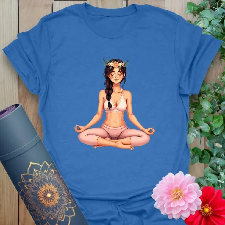 Soft cotton unisex yoga t-shirt featuring seated yogi with floral crown in lotus pose for mindful, soulful living.
