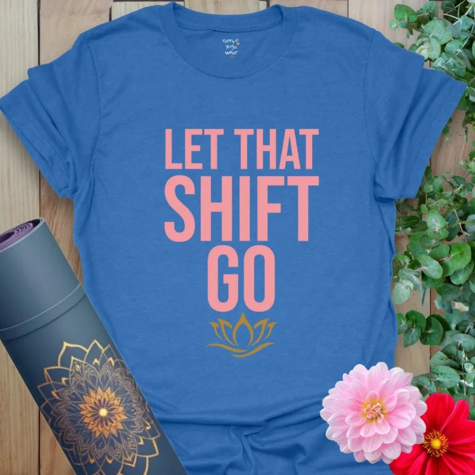Heather Royal Shift T-Shirt with clean stacked text and peaceful exhale energy. Fun and grounded yoga tee.