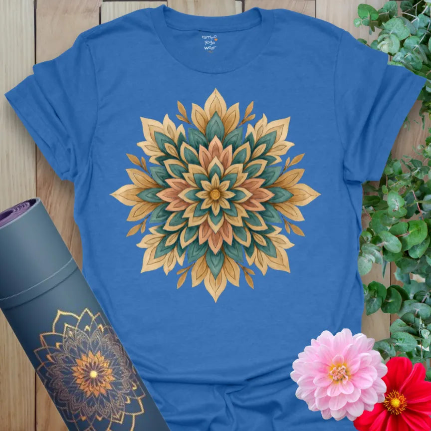Soft cotton unisex yoga t-shirt featuring mandala-style flower in rich tones symbolizing spiritual growth and mindful expansion.