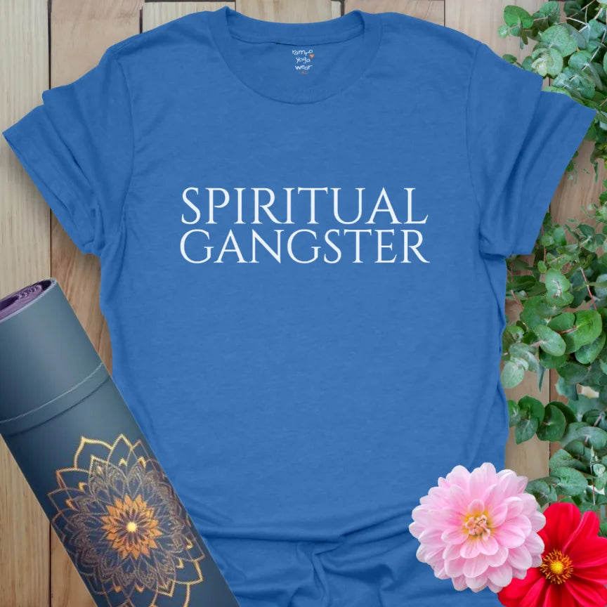 Heather royal cotton t-shirt with bold “Spiritual Gangster” text for high-vibe confidence and mindful style.