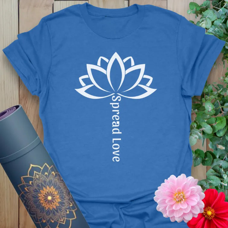 Soft cotton yoga t-shirt featuring a white lotus flower and “Spread Love” vertical mantra, perfect for spiritual and mindful wear.
