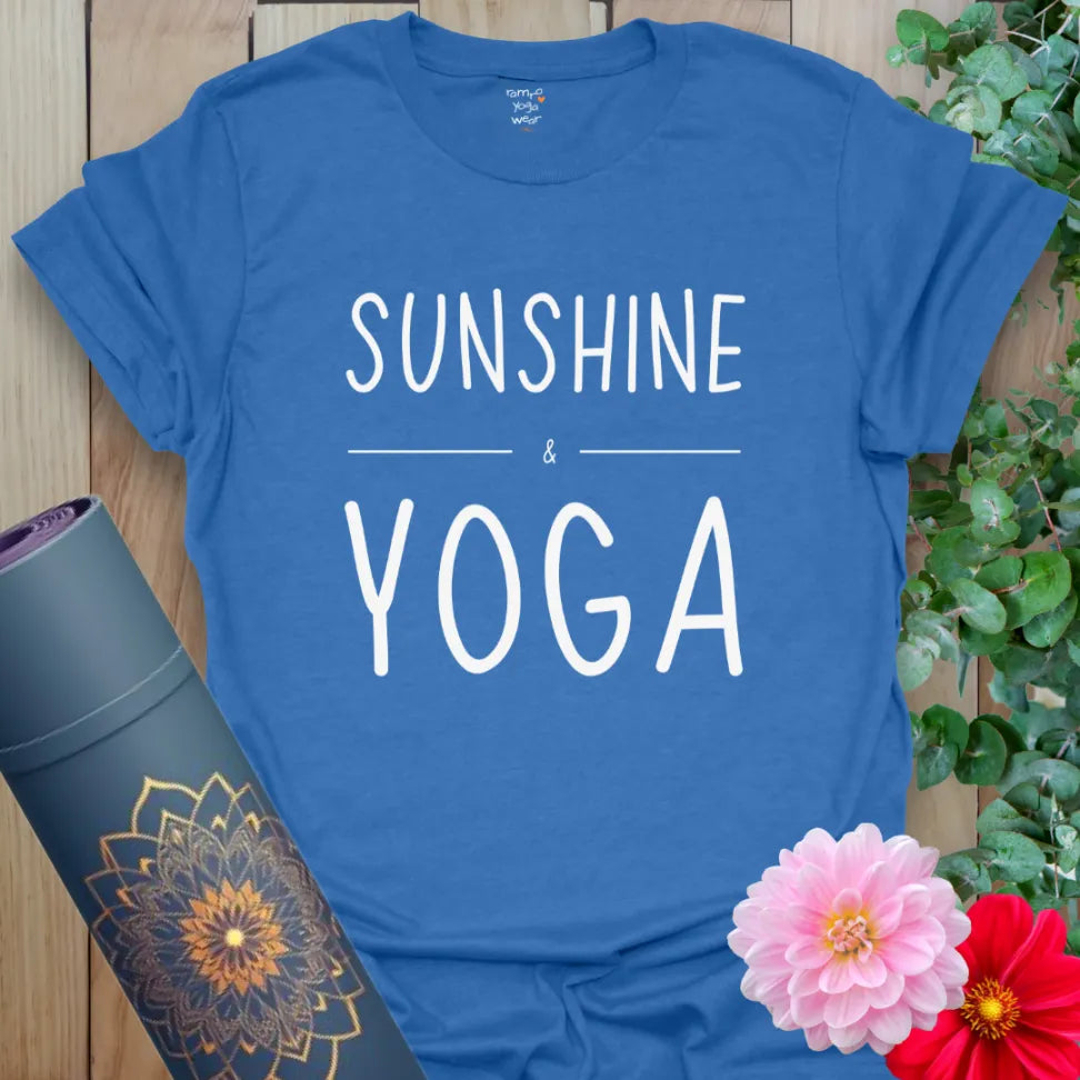 Soft cotton yoga t-shirt with “Sunshine & Yoga” minimalist text design for feel-good mindful movement and joy.