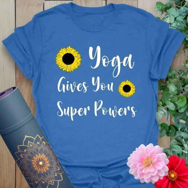 Soft cotton yoga t-shirt with sunflower graphics and “Yoga Gives You Super Powers” text for empowering mindful wear.