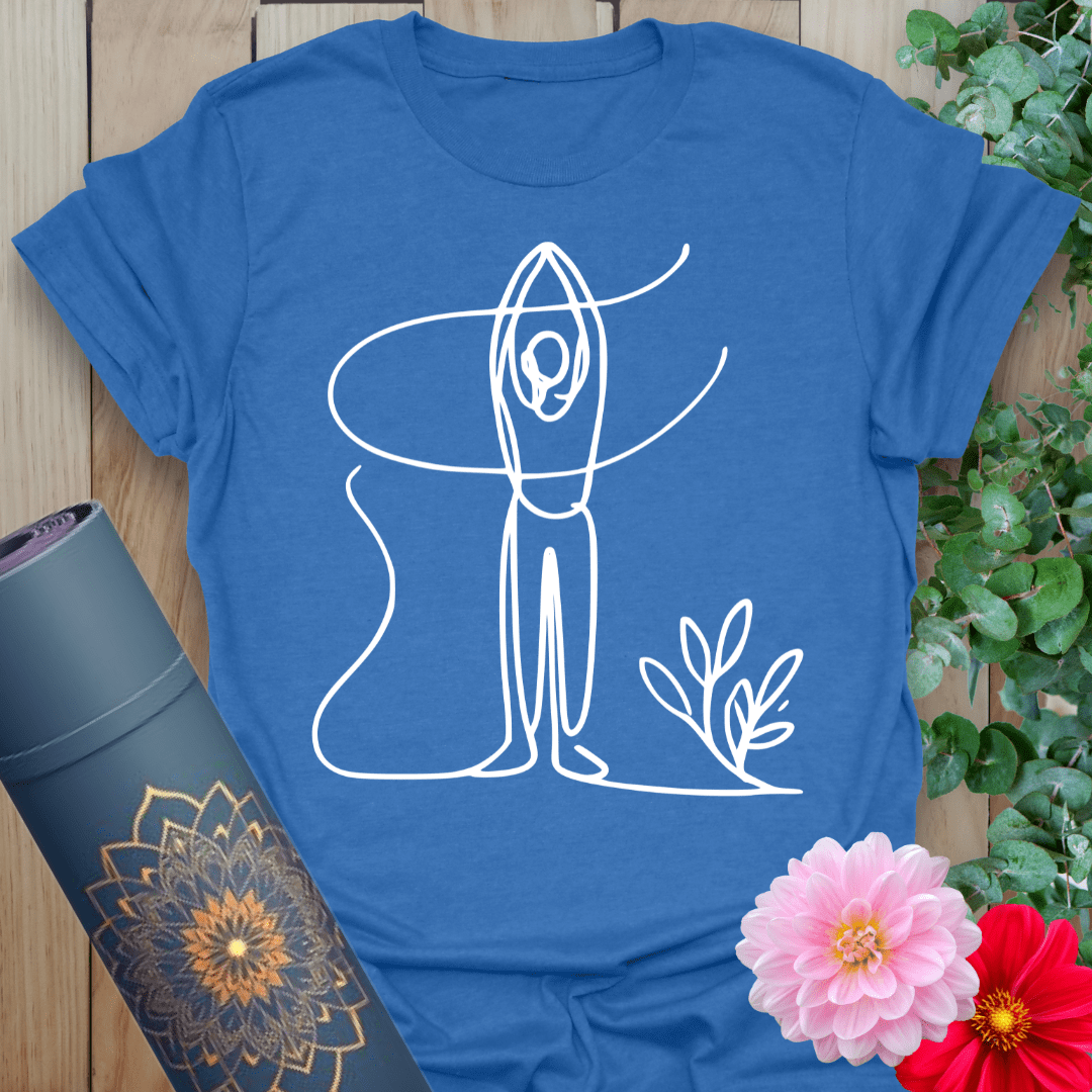 Soft cotton yoga tee with minimalist line art of Mountain Pose and botanical accent for grounded, mindful movement.