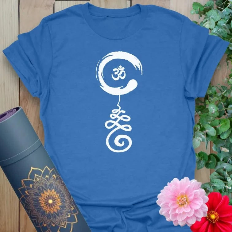 Soft cotton yoga tee with Enso circle, Om symbol, and sacred spiral design for alignment and soulful balance.