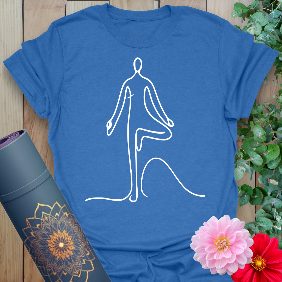 Soft cotton yoga tee featuring single-line Tree Pose figure for grounded spiritual balance and minimalist style.