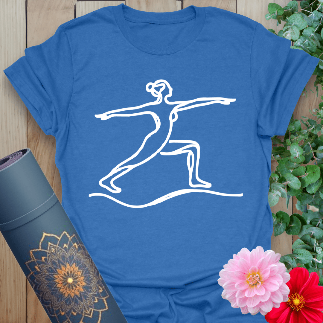 Soft cotton yoga tee featuring one-line figure in Warrior II pose for minimalist strength and movement-focused design.