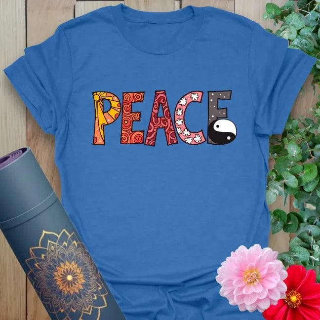 Soft cotton yoga tee featuring colorful “PEACE” lettering with yin yang symbol for bold, mindful expression.