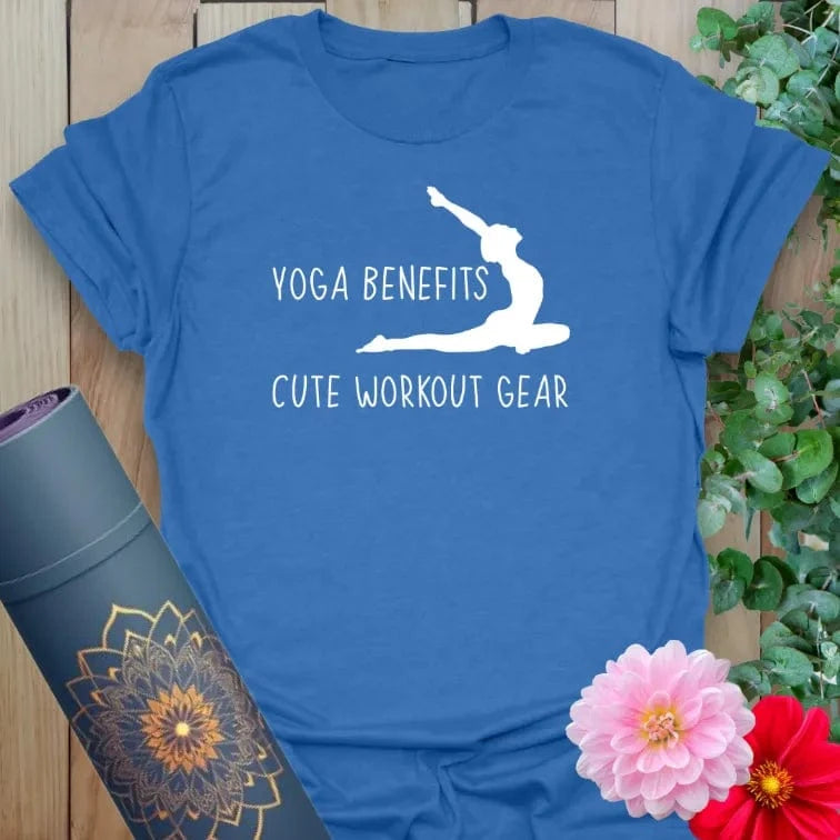 Soft cotton yoga tee with silhouette in Warrior I pose and “Yoga Benefits: Cute Workout Gear” quote in white.