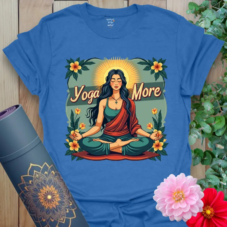 Soft cotton yoga tee featuring meditating goddess with floral accents and “Yoga More” quote for mindful, feminine style.