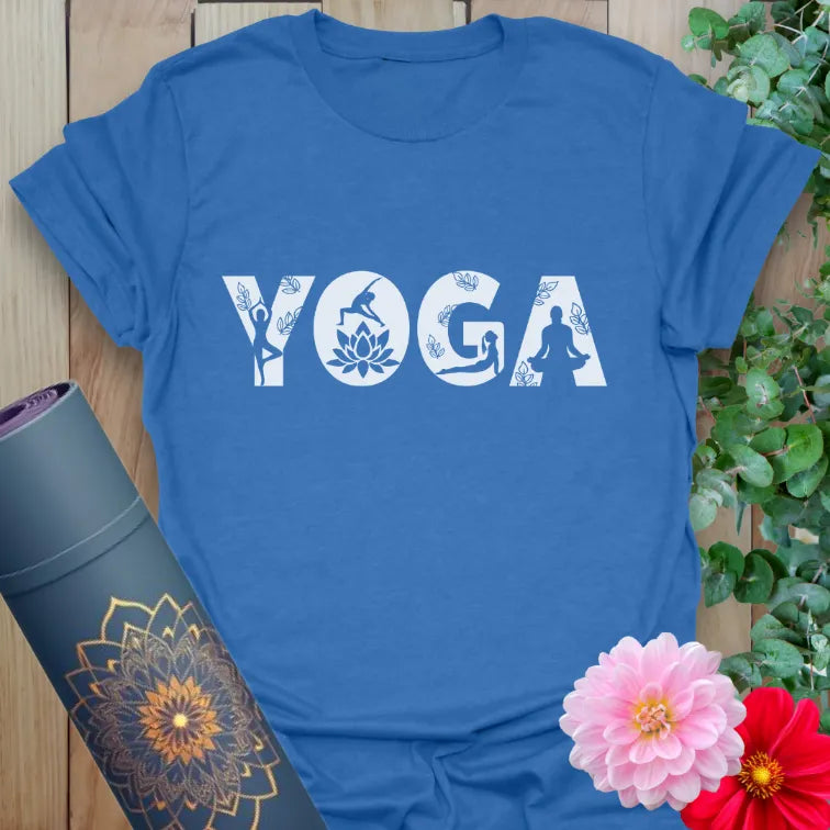 Soft cotton yoga tee featuring bold “YOGA” typography with pose-filled letters and spiritual motifs for mindful, active wear.