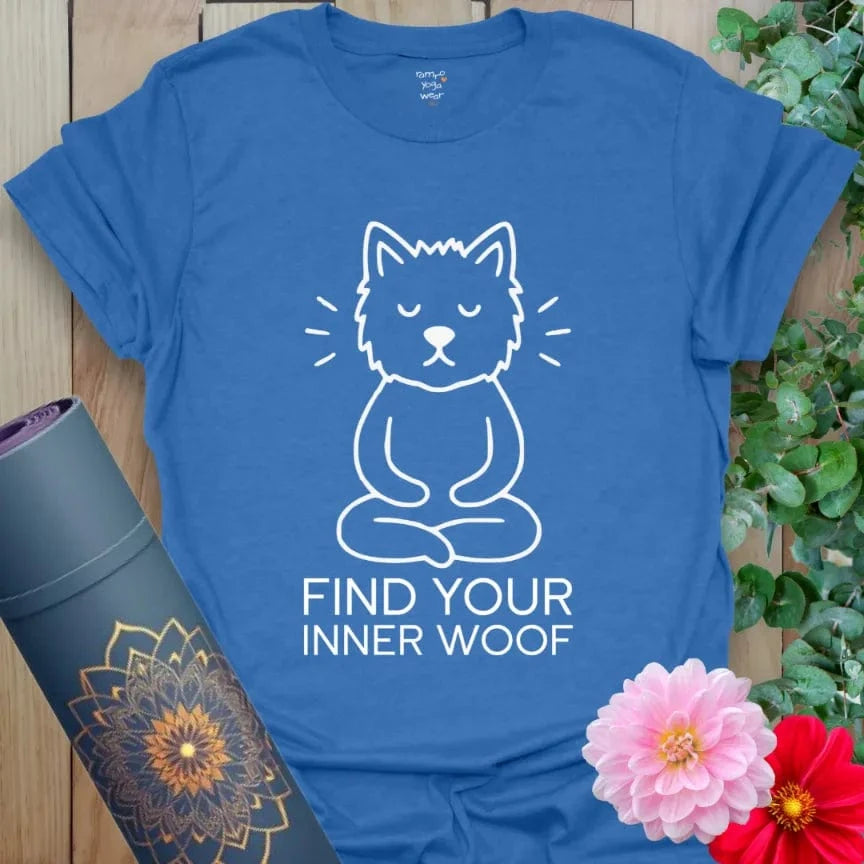 Heather Royal Zen Pup T-Shirt with meditating dog illustration and phrase “Find Your Inner Woof.” Fun yoga lifestyle tee with pet-inspired humor.