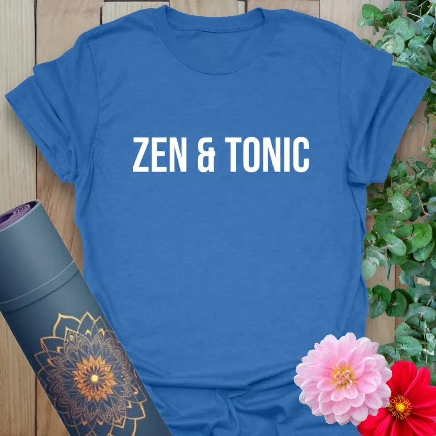 Soft cotton yoga tee featuring bold white “Zen & Tonic” text for witty, minimalist spiritual style.
