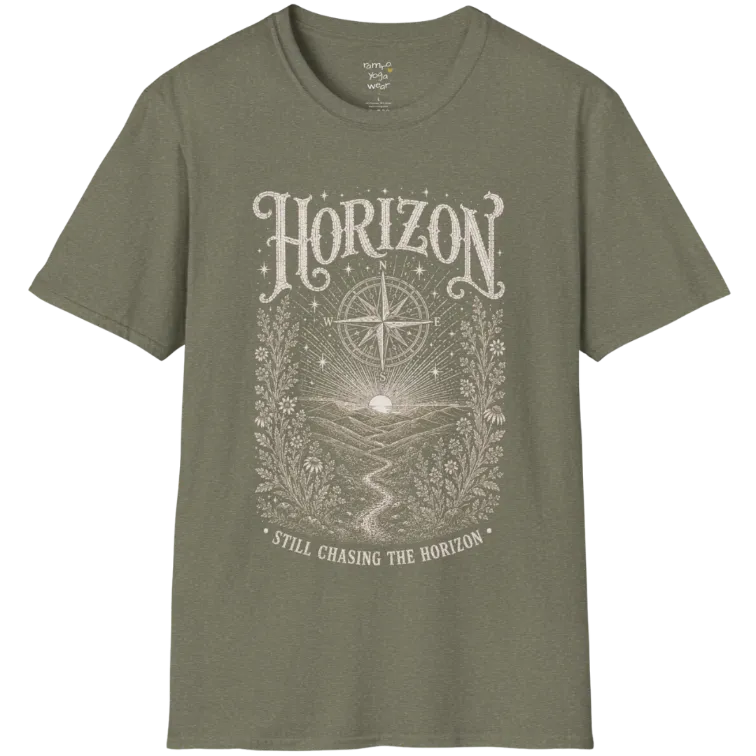 A short sleeved tee with the hills and rising sun and a compass rose — Sacred Thread collection by Ramro Yoga Wear in Heather Military Green
