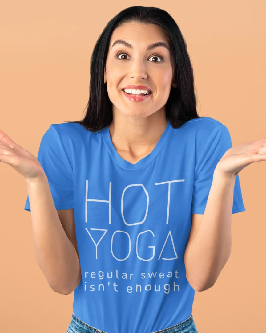 Heather Royal Hot Yoga T-Shirt with minimal text. Quirky yoga sweat tee.