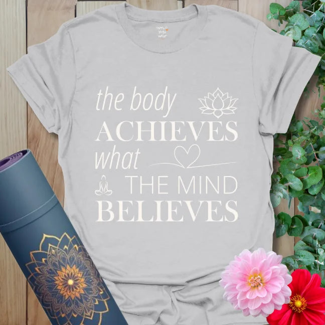 Ice Grey Achieve T-Shirt with soft white typography and minimal yoga-themed symbols. Clean and calm aesthetic for everyday empowerment.