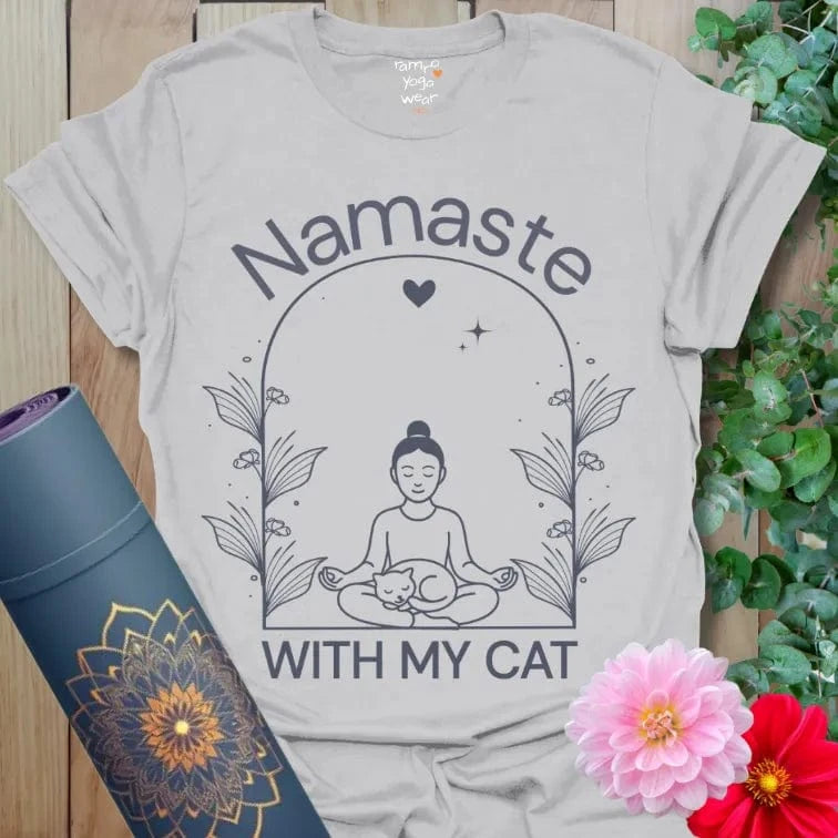 Ice Grey Cat Nap T-Shirt with peaceful meditation graphic and loyal cat resting illustration.