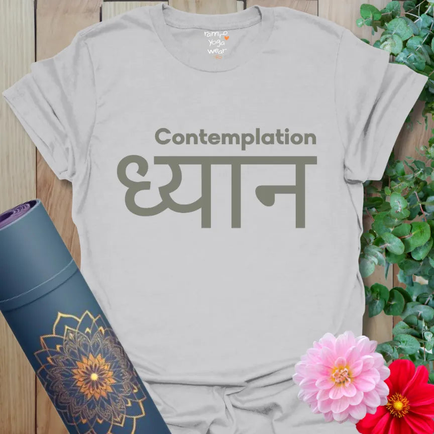 Ice Grey T-shirt with charcoal “Contemplation” and Sanskrit “ध्यान” for deep reflection and minimalist calm.