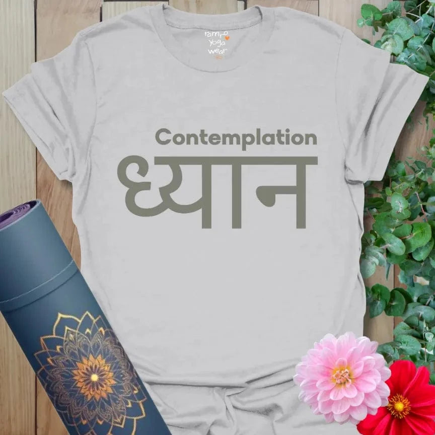 Ice Grey T-shirt with charcoal “Contemplation” and Sanskrit “ध्यान” for deep reflection and minimalist calm.