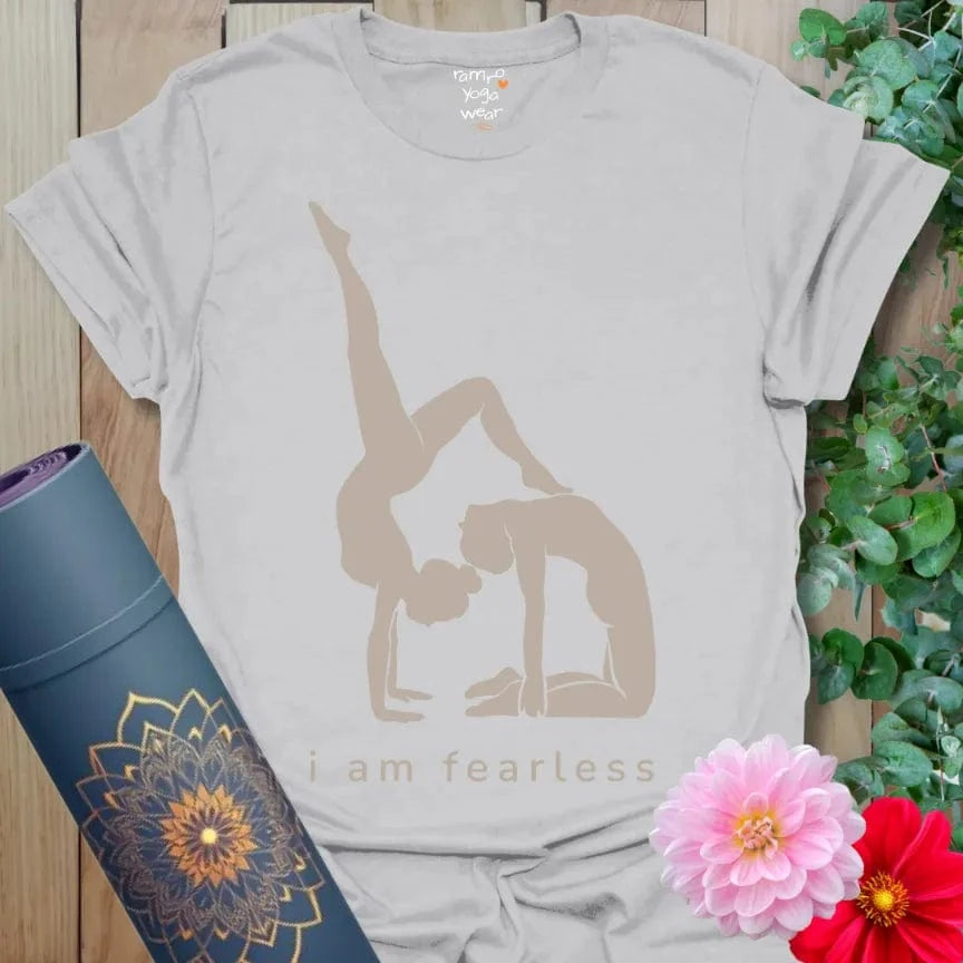 Ice Grey Fearless T-Shirt with bold affirmation “I Am Fearless” alongside yoga pose. Lightweight street style tee for fearless living.