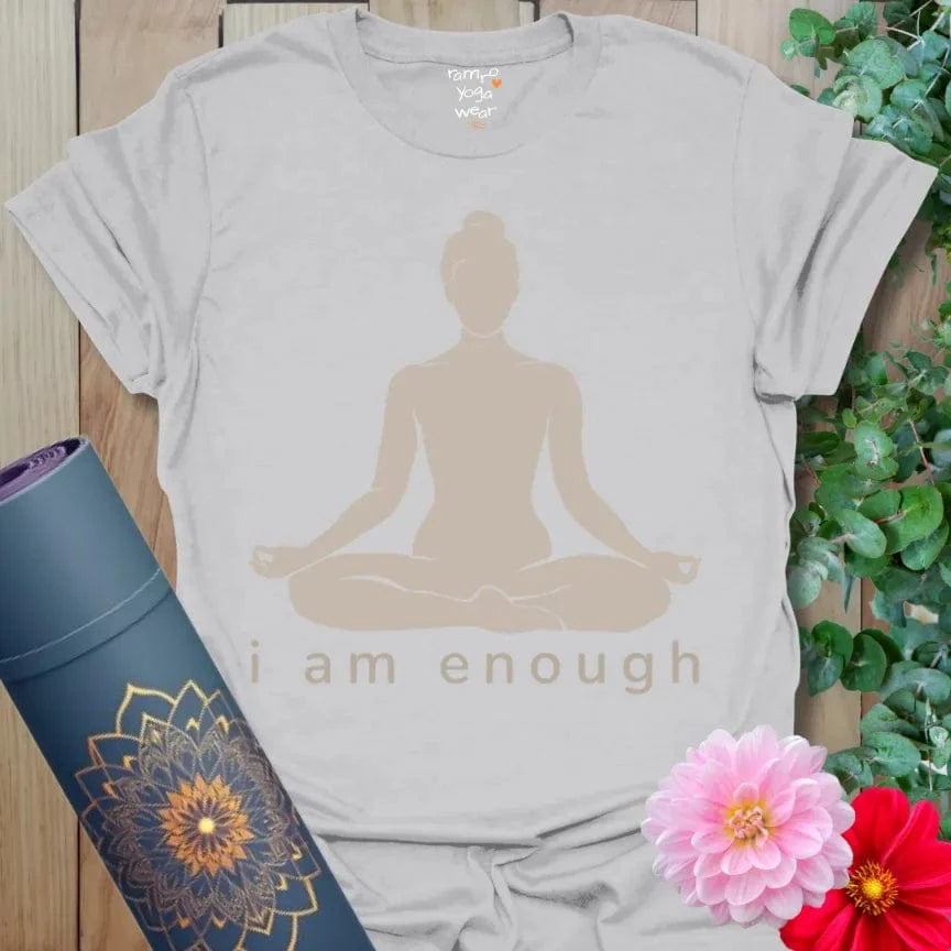 Ice Grey I Am Enough T-Shirt with minimalist yogi silhouette in meditation pose and text “I Am Enough.” Soft yoga tee for mindfulness and self-love.