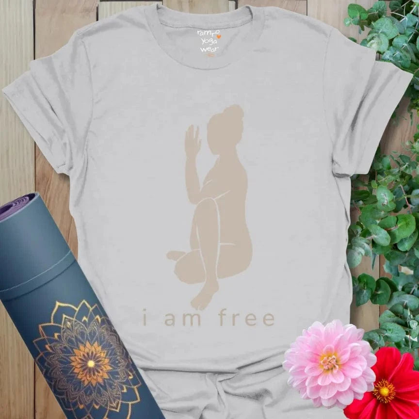 Ice Grey I Am Free T-Shirt with clean yogi line art in twist posture and affirmation “I Am Free.” Lightweight yoga shirt for mindful living.