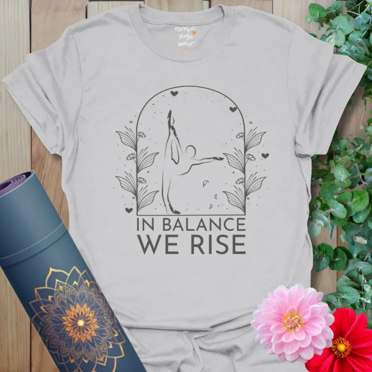 Ice Grey balance T-shirt with minimalist floral yoga pose illustration. A calming neutral for spiritual flow.