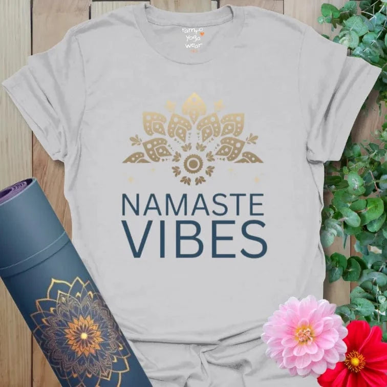 Ice Grey Namaste Vibes T-Shirt featuring golden mandala art with affirmation text. Stylish yoga lifestyle T-shirt.