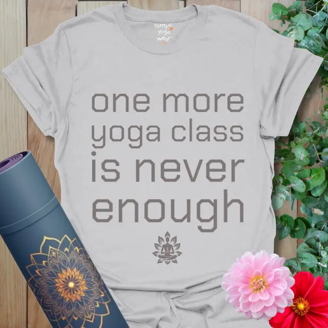 Ice Grey One More Class T-Shirt with minimalist stacked text and small lotus symbol.