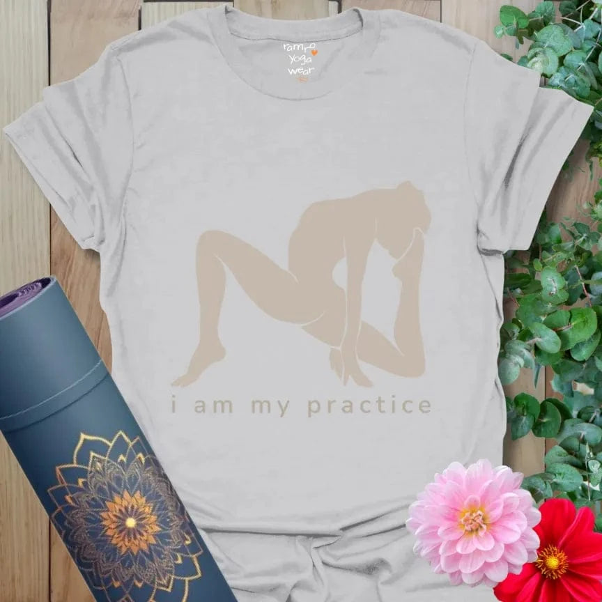 Ice Grey Practice T-Shirt with bold yoga pose silhouette and mindful slogan. Minimalist yoga shirt.