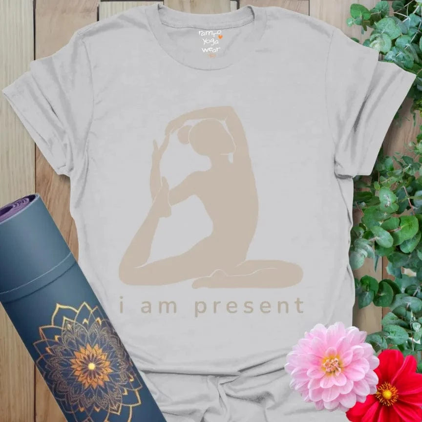 Ice Grey Present T-Shirt with minimalist yoga pose art and “i am present.” Mindful gift for yoga lovers.