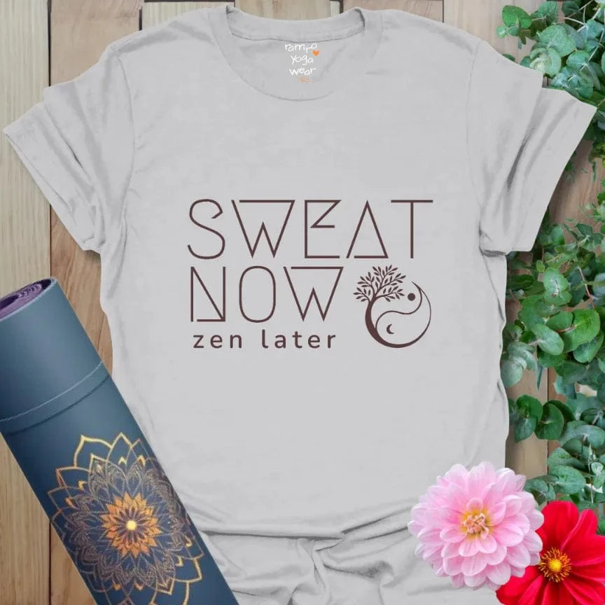 Ice Grey Sweat Now T-Shirt with clean typography: “Sweat Now, Zen Later” and small mandala. Street style yoga tee for energy and calm.
