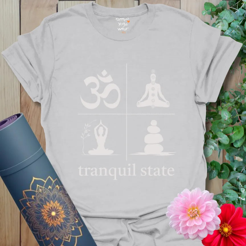 Neutral Ice Grey tee featuring Om, chakras, and yoga-inspired icons. Clean and minimal for peaceful vibes.