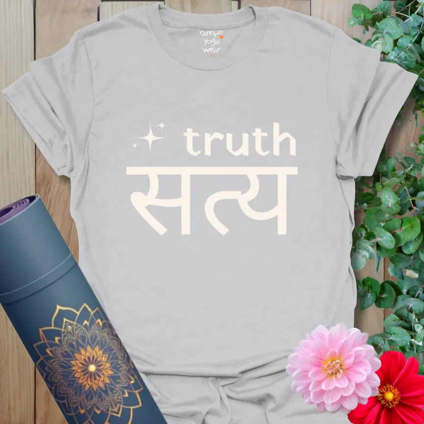 Ice Grey Truth T-Shirt displaying “truth” and “सत्य” in soft ink with a sparkle. Lightweight shirt for yoga and spiritual wear.