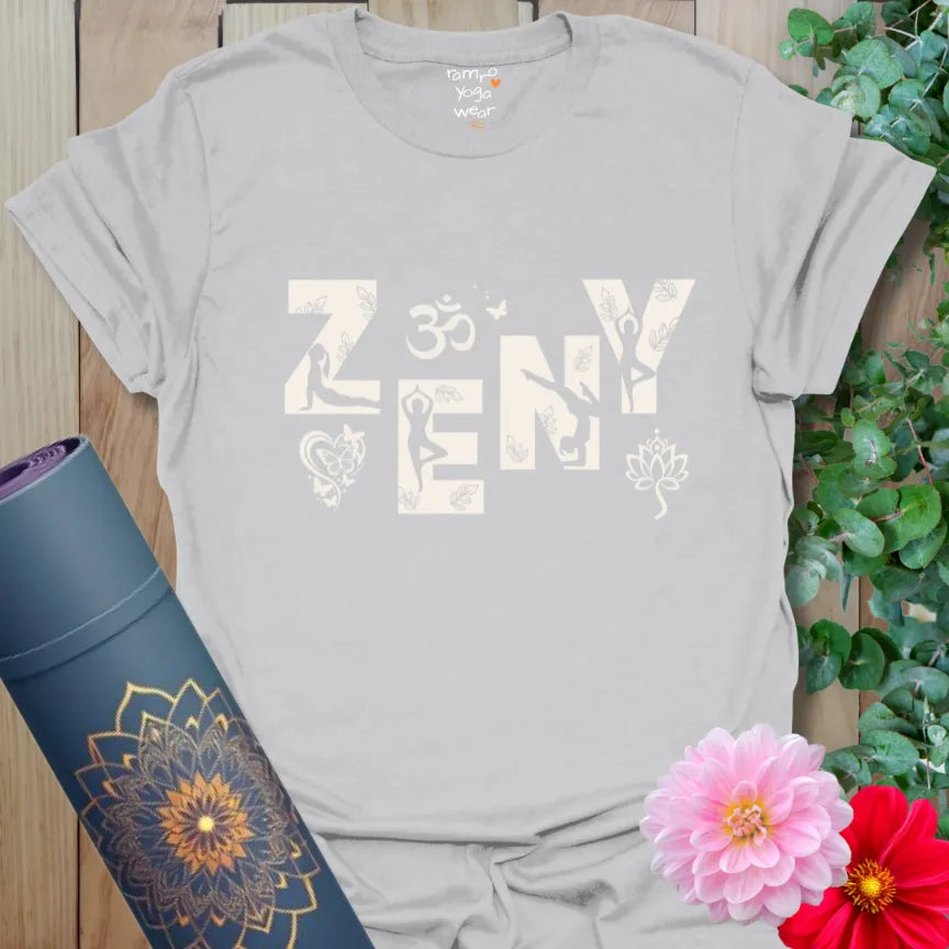 Ice Grey Zeny T-Shirt with yoga-inspired poses, Om symbol, and lotus elements carved into ZENY lettering. Cool, clean, and centered.