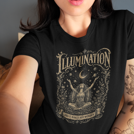 Woman wearing Illumination black sacred yoga shirt indoors — Sacred Thread collection by Ramro Yoga Wear