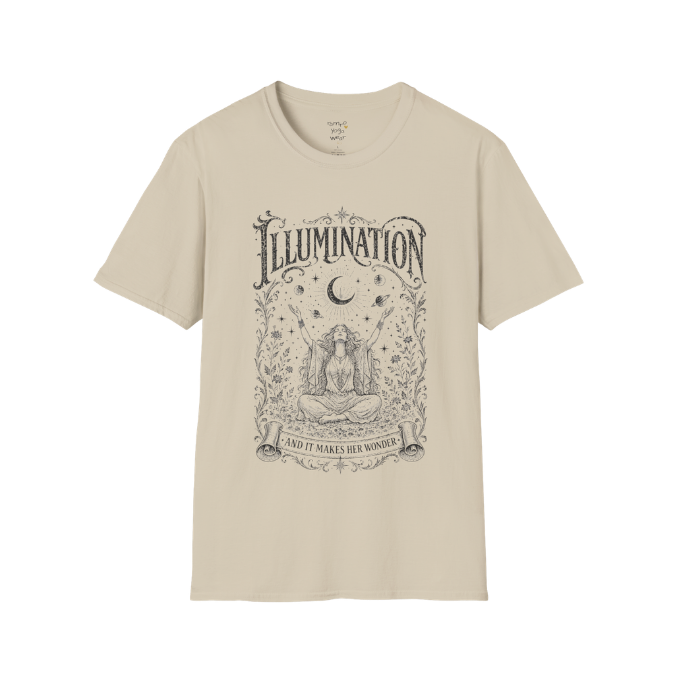 Seated woman arms raised to crescent moon botanical engraving design — Sacred Thread collection by Ramro Yoga Wear — Sand