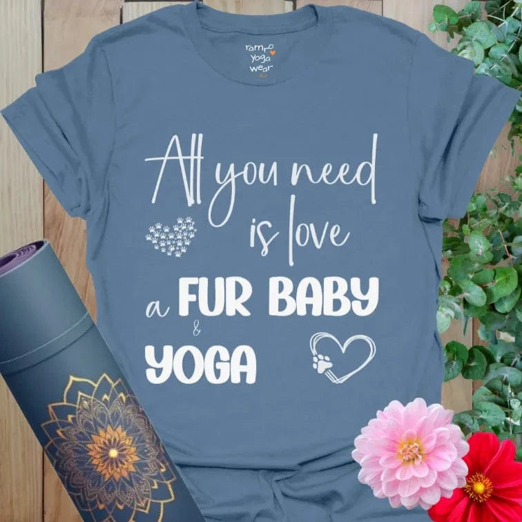 Dark blue cotton yoga T-shirt featuring “All you need is love, a fur baby & yoga.