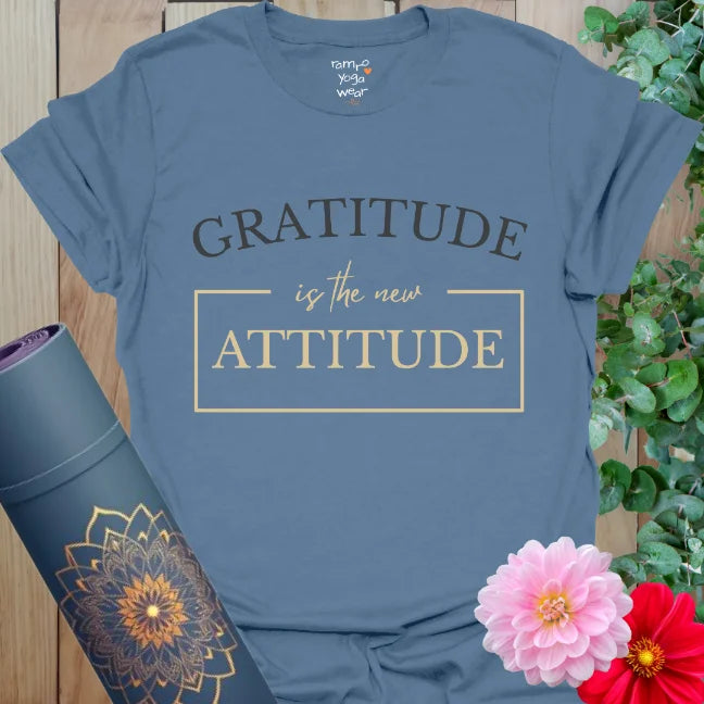 Indigo blue T-shirt with "Gratitude is the New Attitude" affirmation. A soulful reminder for mindful living and appreciation.