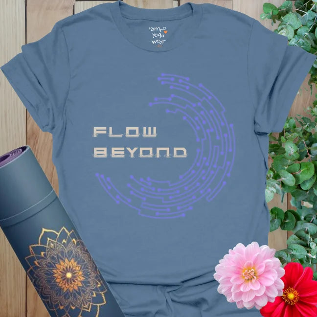 Indigo Blue Beyond T-Shirt featuring violet circular wave and 'Flow Beyond' text – modern yoga gift for dreamers and edge-walkers.