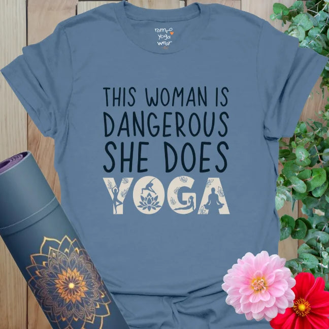 Indigo Blue yoga tee with black text and bold YOGA graphic. Strong statement shirt for fierce, flow-loving women.