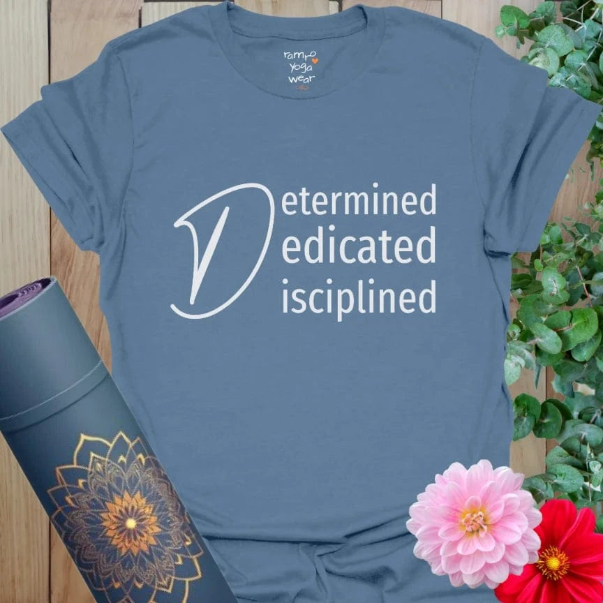 Indigo Blue Determined T-Shirt with soft white text, perfect for yoga lovers who stay focused and balanced.