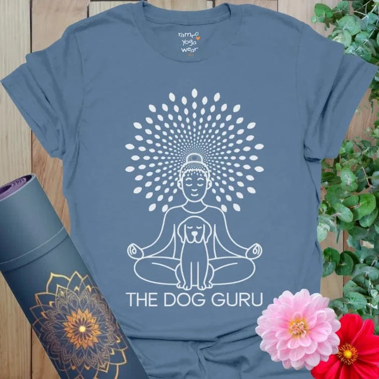 Indigo Blue Dog Guru T-Shirt with Zen-inspired Buddha and dog print. Spiritual yoga dog shirt for everyday wear.