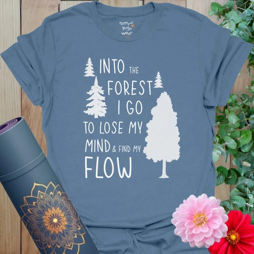 Indigo Blue Forest T-Shirt with “Into the Forest” quote and minimalist tree print. For nature-lovers who breathe better outside.