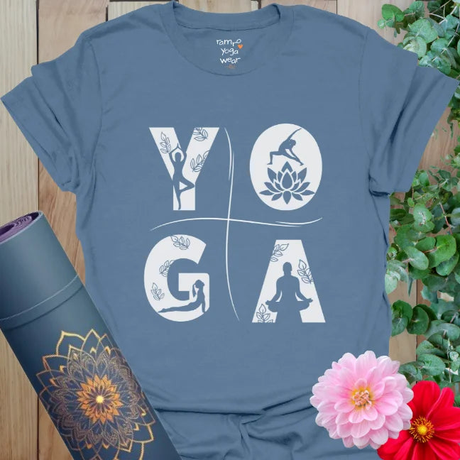 Indigo Blue yoga t-shirt with striking white YOGA design and figures. Bold look for powerful practice.