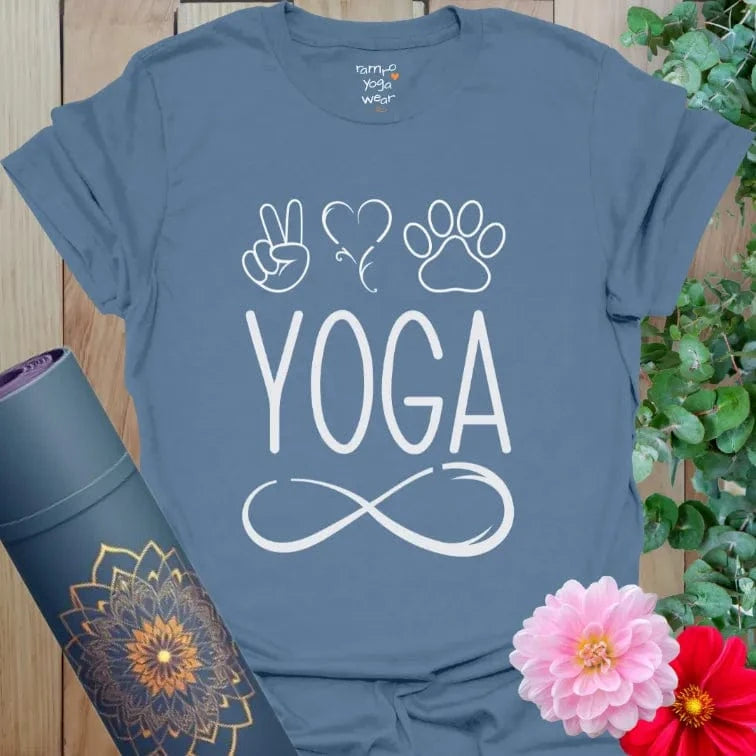Indigo Blue Infinite Yoga T-Shirt with bold infinity design and pet-inspired icons. Yoga lifestyle shirt for mindful movement.